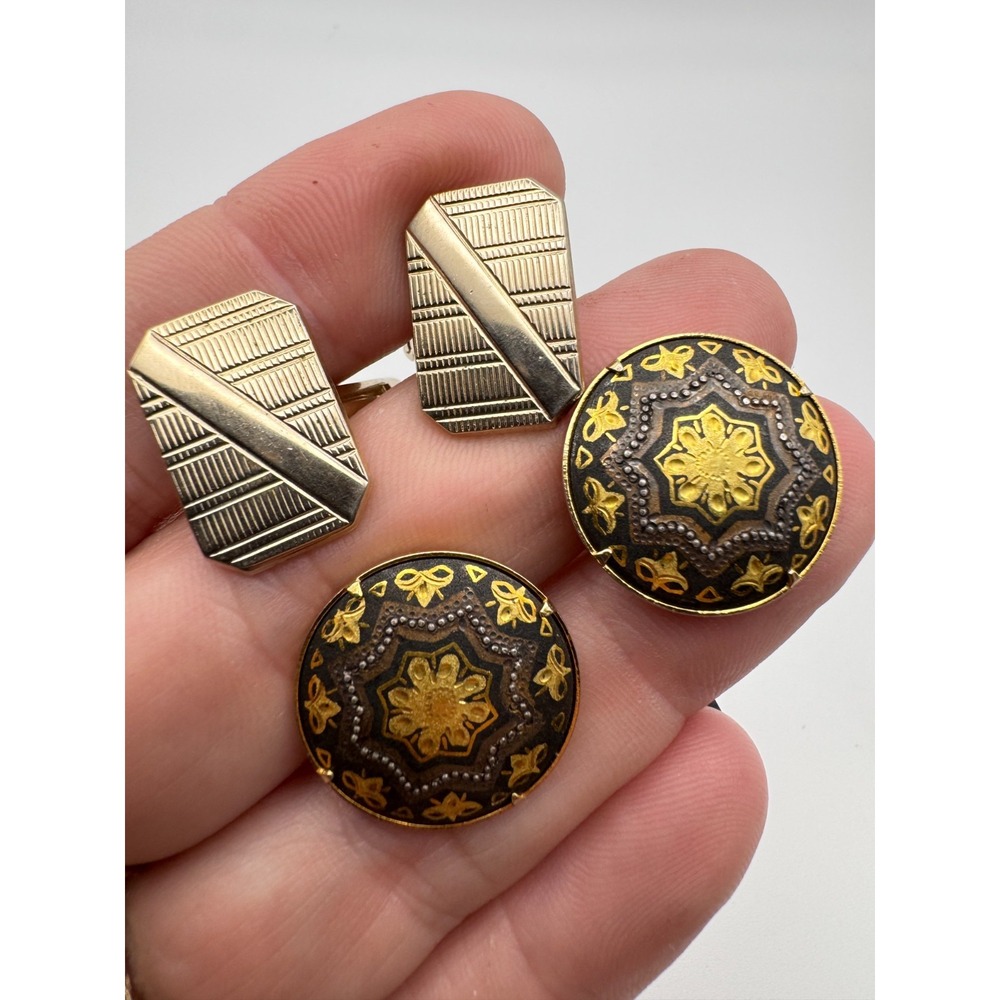 Vintage Cufflinks Lot 2 Pairs Gold Tone Geometric Striped Toledo Damascene